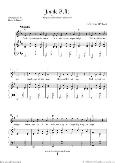 Jingle Bells Piano Sheet Music, Easy with Lyrics [PDF]