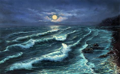 Ocean Waves At Night Painting