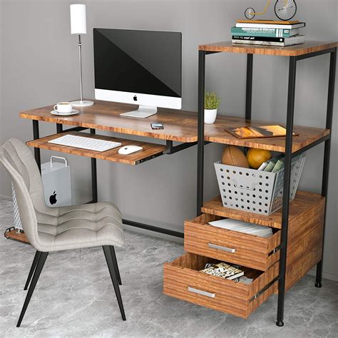 Mecor Computer Desk with 2 Drawers, Modern Writing Desk with Bookshelf ...