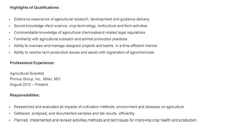 Resume Samples: Agricultural Scientist Resume Sample