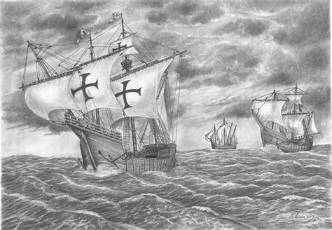 Columbus Ships Drawing by Pierre Salsiccia