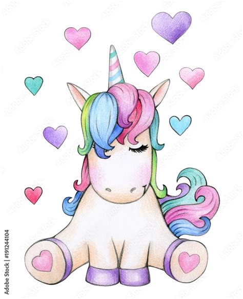 Photo & Art Print Cute sitting unicorn cartoon with hearts, isolated on ...