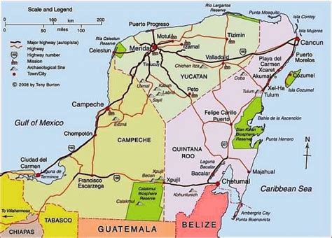 Map of Yucatán Peninsula including Campeche, Mérida, Cancún, Riviera ...