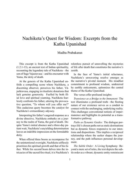 (PDF) Nachiketa's Quest for Wisdom: Excerpts from the Katha Upanishad