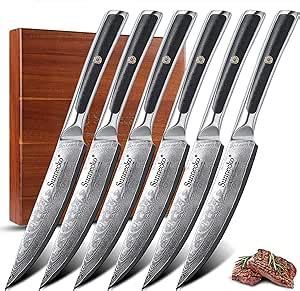 Amazon.com: Sunnecko Damascus Steak Knives Set of 6 Non Serrated ...