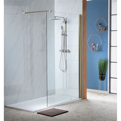 Genesis 8mm Clear Glass/Brushed Brass Frame Shower Wall with Easy-Clean ...