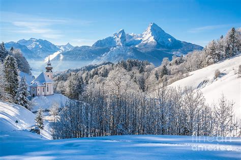 Winter landscape in the Bavarian Alps with church, Bavaria, Germ ...