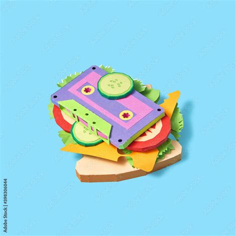 Papercraft sandwich from vegetables and retro cassette. Stock Photo ...