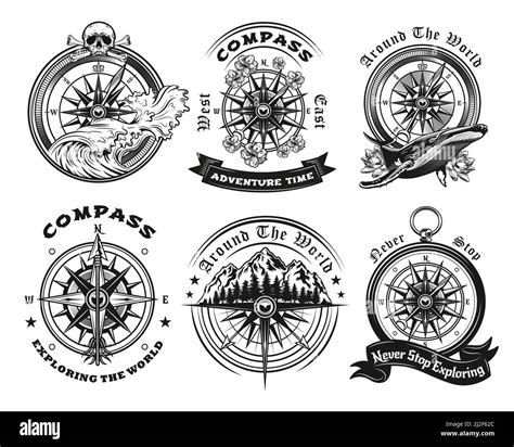 Compass tattoo templates set. Monochrome design marine elements with ...