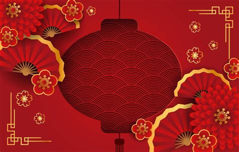 Chinese New Year Background Design with Flowers and Paper Fan on Red ...