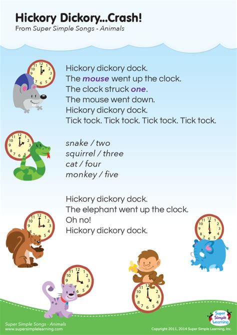 Hickory Dickory...Crash! Lyrics - Super Simple | Nursery songs, Kids ...