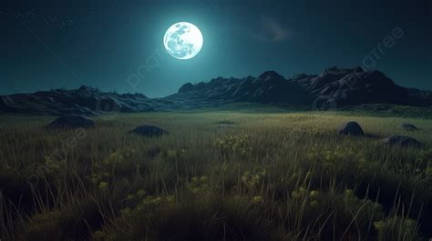 Fantasy Night Scene Full Moon Stars And Grass In 3d Render Background ...