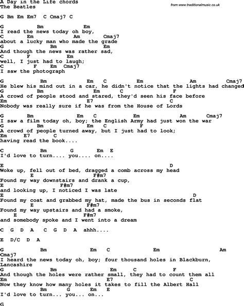 Song lyrics with guitar chords for A Day In The Life