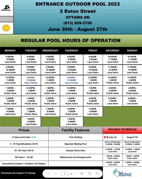 Entrance Outdoor Pool Schedule