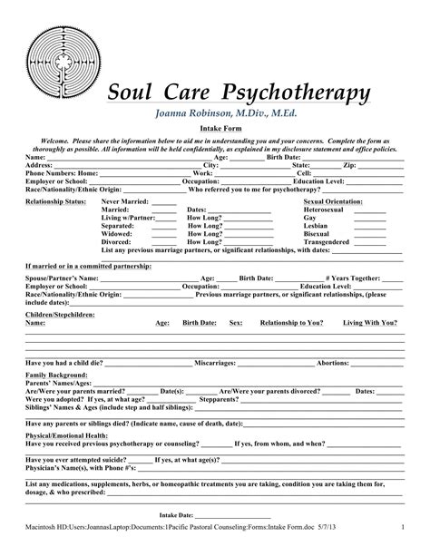 Therapy Intake Form Template Free