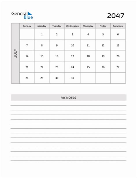 July 2047 Printable Monthly Calendar with Notes