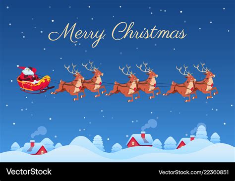 Santa claus and reindeers flying over Royalty Free Vector