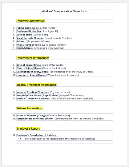 Workers’ Compensation Claim Form Template | Download Forms