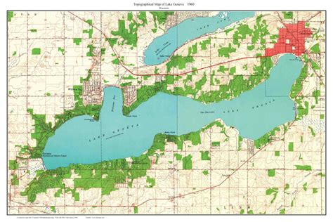 a map of the lake and its surrounding area is shown in red, green, and blue