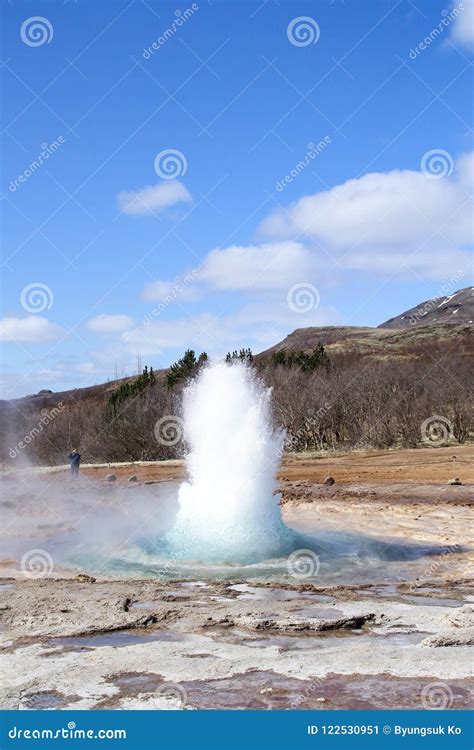 Strokkur Geysir Eruption at the Geysir Geothermal Park in Iceland Stock ...