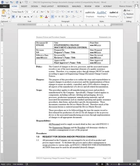 Engineering Change Document Change Control Procedure Template Word