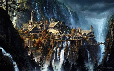 HD wallpaper: Rivendell, The Lord of the Rings, fantasy art, waterfall ...