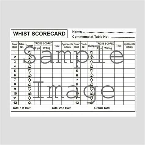 Printable Free Whist Score Card Template