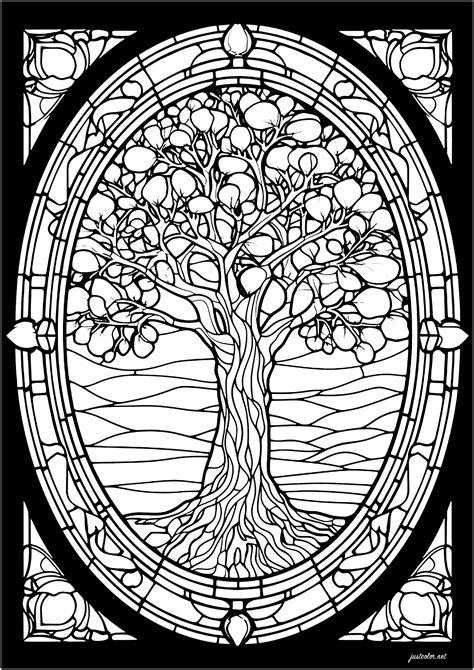 Pretty tree in a stained glass window - Stained Glass Adult Coloring Pages