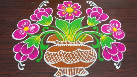 Simple colour kolam for margazhi - flower pongal rangoli with 9x4 dots ...