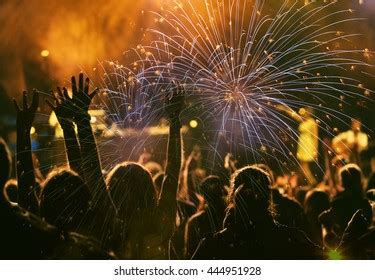 New Year Concept Fireworks Cheering Crowd Stock Photo 1262340109 ...