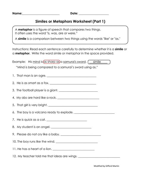 Simile And Metaphor Worksheet in 2023 | Similes and metaphors ...