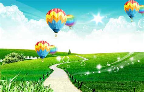 Romantic Landscape Background with Hot Air Balloons