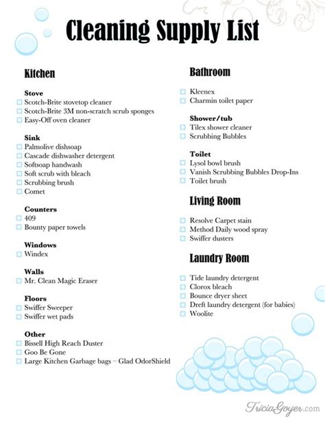 Cleaning supplies list – Medidas de cajones de estacionamiento para