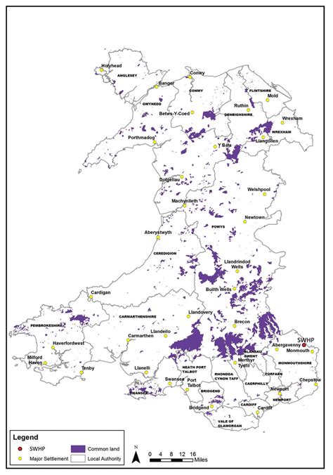 Map of Wales showing Local Authorities, common land, major settlements ...