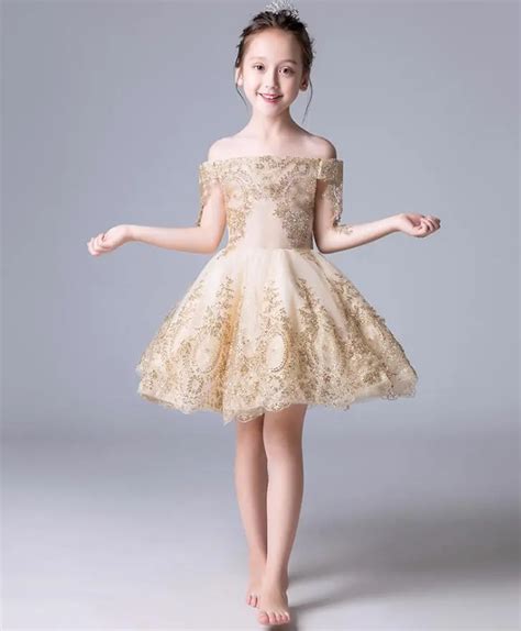 Glizt Gold Tulle Sequin Girls Summer Dress Strapless Flower Girl Dress ...