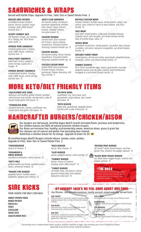 Menu at Cowboy Jack's pub & bar, Apple Valley