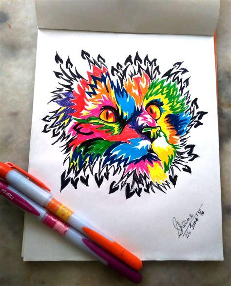 Colorful drawing of a cat made by sketch pens, black bold marker and ...