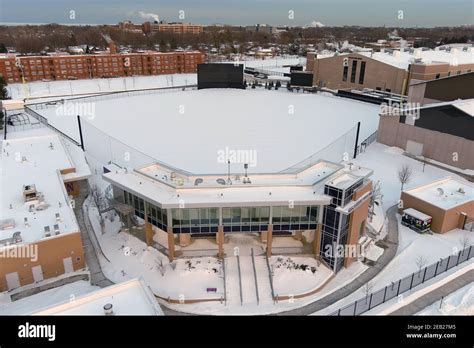 An aerial view of a snow-covered Rocky and Berenice Miller Park, Sunday ...