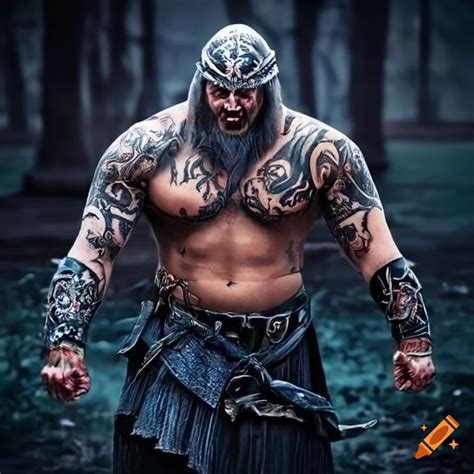 Image of a heavily tattooed viking warrior