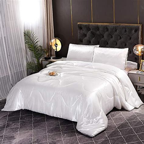 Silk Comforter Set White, Queen Bedding Set, Satin Silky Soft Luxury ...