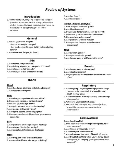 ROS reference-1. Review of Systems reference sheet - Review of Systems ...