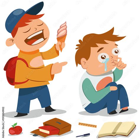 Bullying vector cartoon illustration. Teen with ice cream offends a boy ...