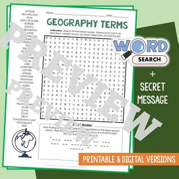 GEOGRAPHY TERMS Word Search Puzzle Vocabulary Activity Worksheet