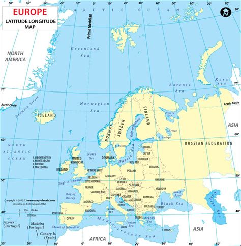 Europe Latitude and Longitude Map, Lat Long Maps of European Countries