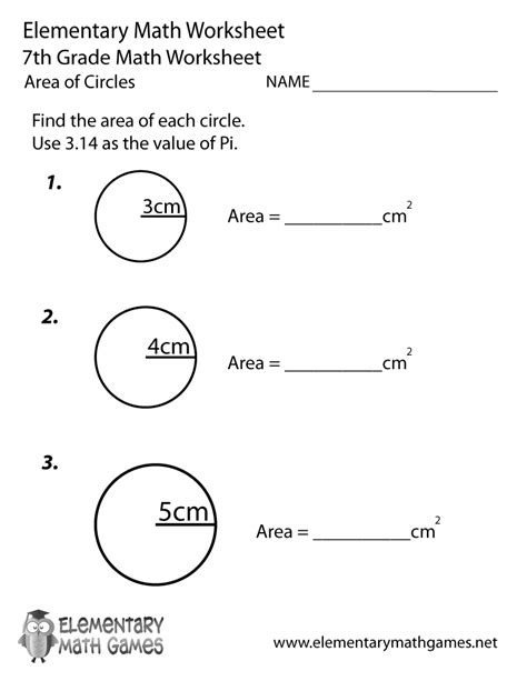 Seventh Grade Area of Circles Worksheet