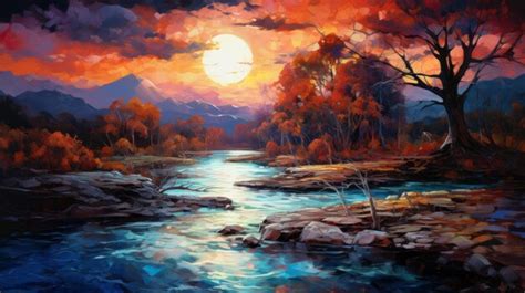 Premium Photo | Vibrant Autumn River Painting With Orange Smoky Sky