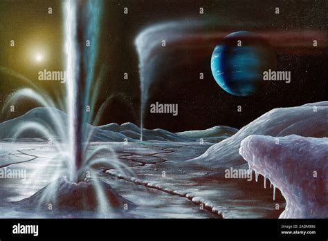 Ice volcanoes on Triton, artwork. Triton is the largest moon of Neptune ...