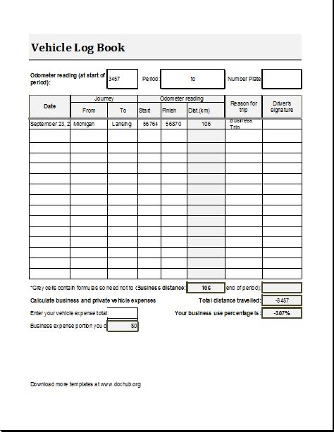 Vehicle Log Book Template for MS EXCEL and Calc | Document Hub