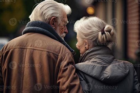 Back view of an elderly couple outdoors. Elderly man and woman are ...