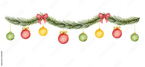 Watercolor vector Christmas garland with balls, red bow and fir ...